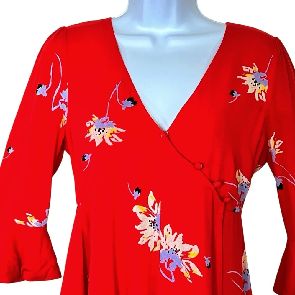 Free People Time On My Side Boho Faux Wrap Mini Dress S Red Floral Flare Sleeve